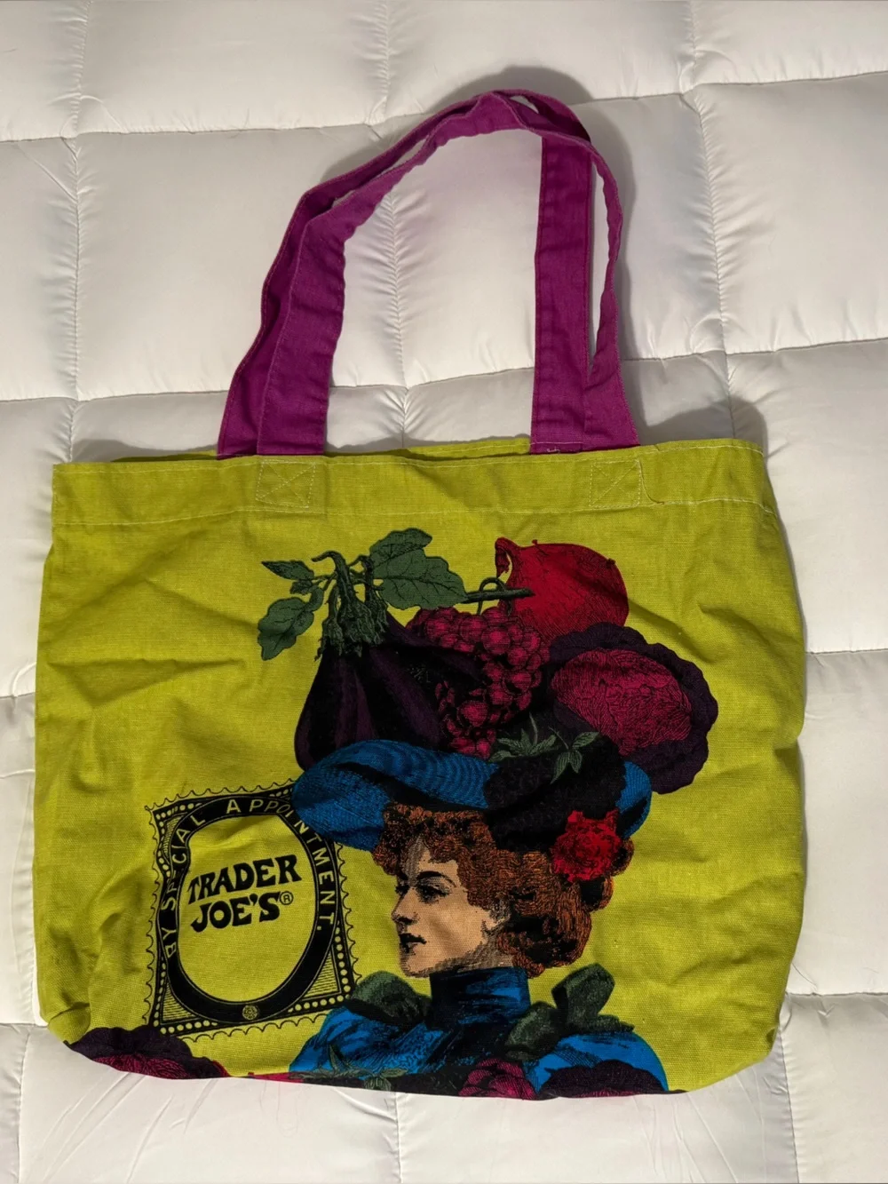 Rare Trader Joe's Lime Green Canvas Tote with Magenta Handles - Picture 2 of 2
